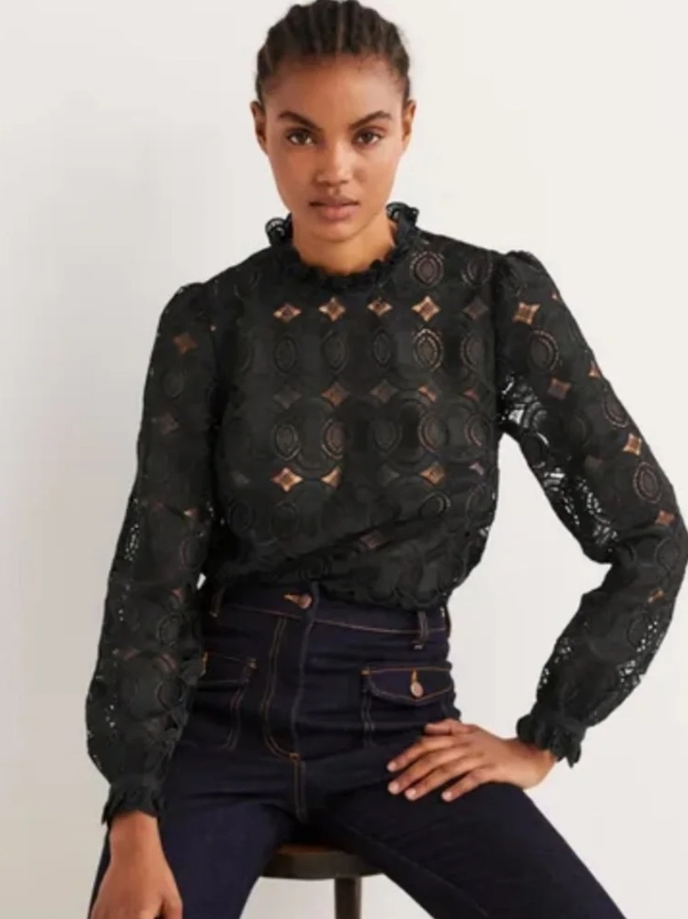 Boden Black Lace High Neck Blouse Sz 8 - Picture 2 of 8